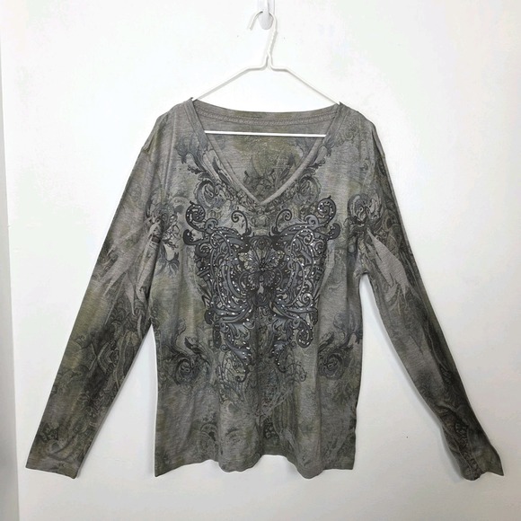 Greensource Tops - Greensource Gray Beaded Patterned Y2K Grunge Studded Long Sleeve Shirt Size XL